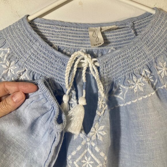 Womens Joie Boho Embroidered Linen Tunic Light Blue XS V Tie Neck Long Sleeve - Picture 3 of 10